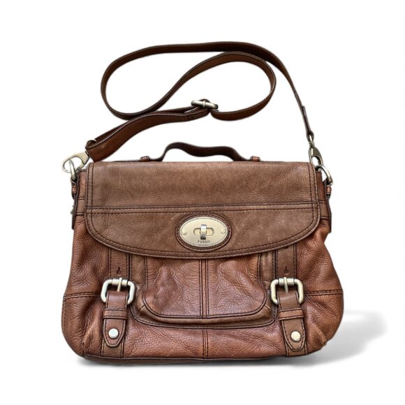 FOSSIL SOFT THICK QUALITY LEATHER MESSENGER CROSSBODY BAG, BROWN BUTTERY - Picture 1 of 7